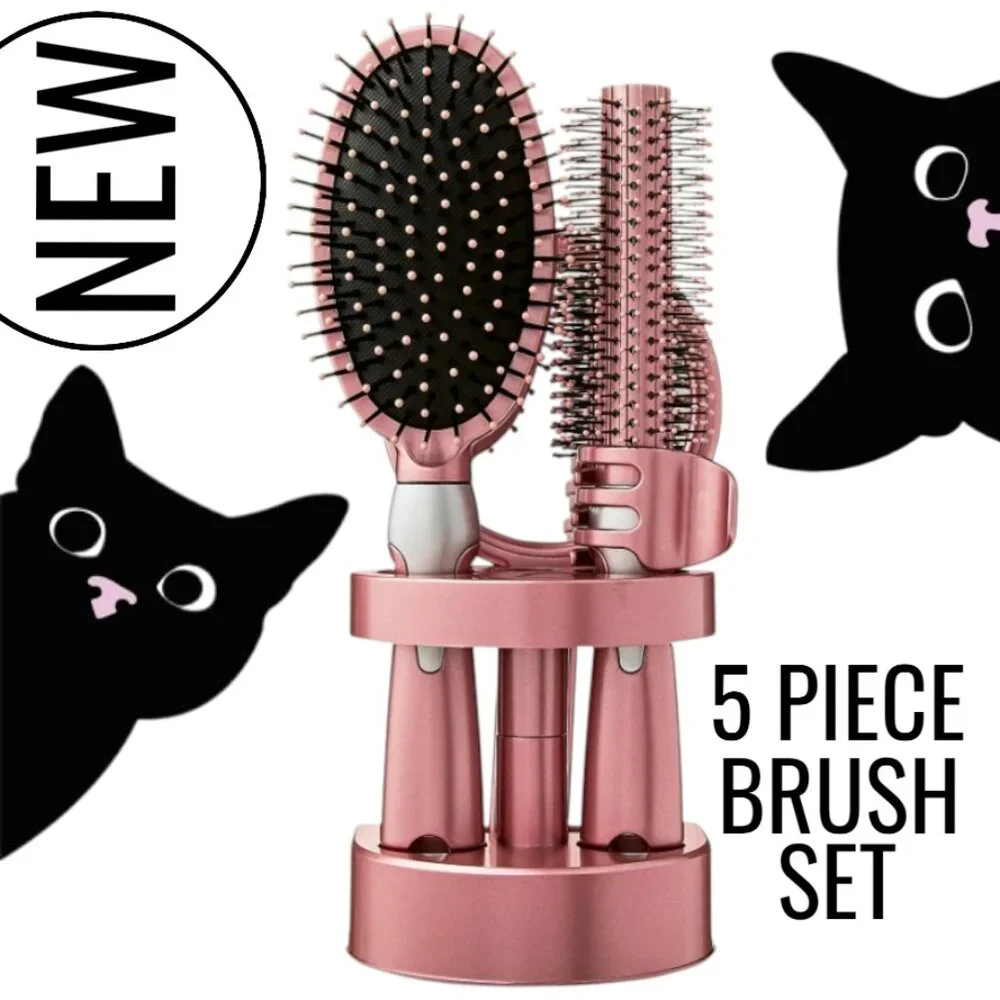 NEW 5-Piece Hairbrush Brush Set Hand Mirror Beauty Brushes Pink Easter Basket St